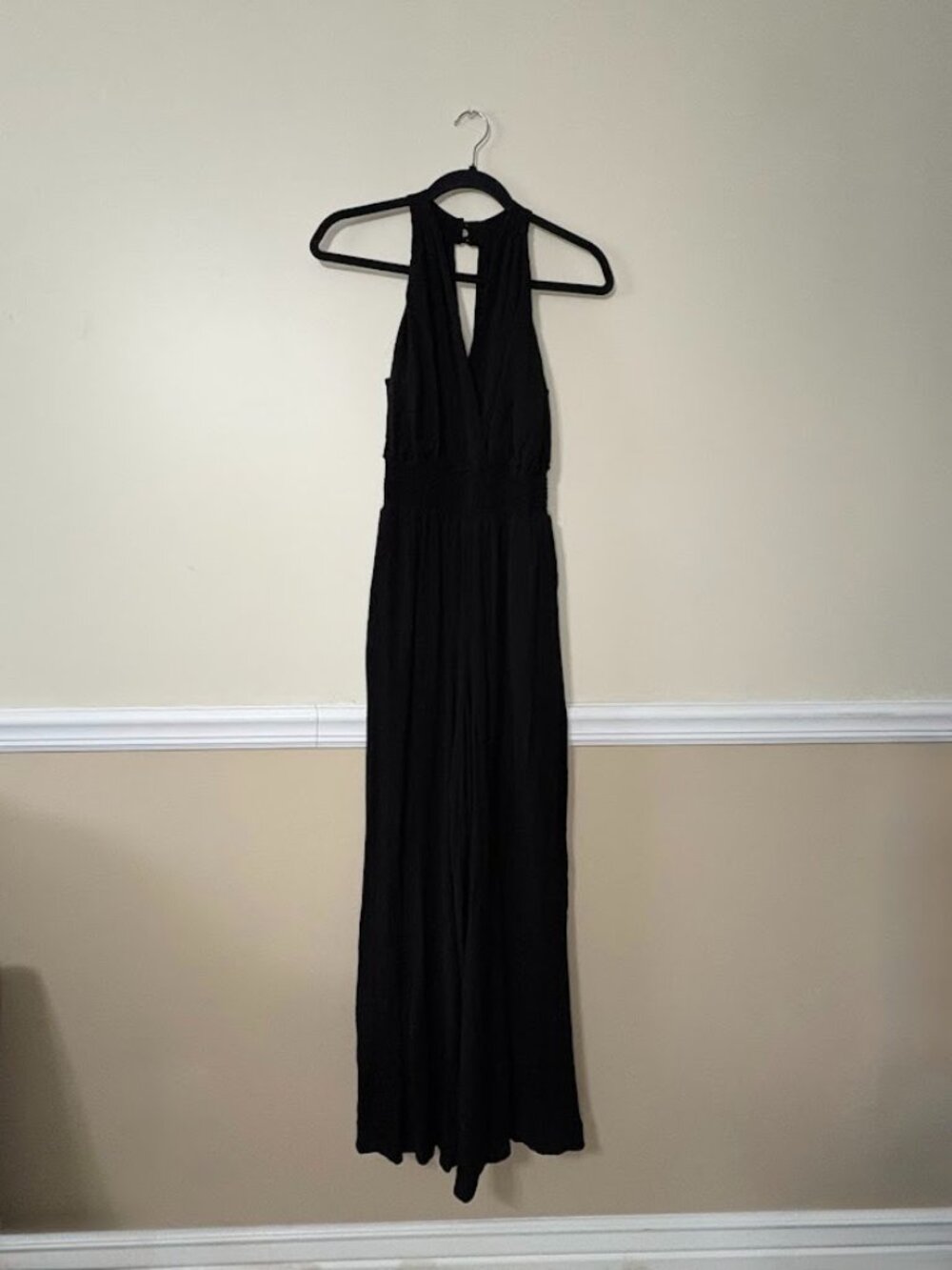By Anthropologie Black Wide Leg Halter Jumpsuit Sz M Cutout Waist